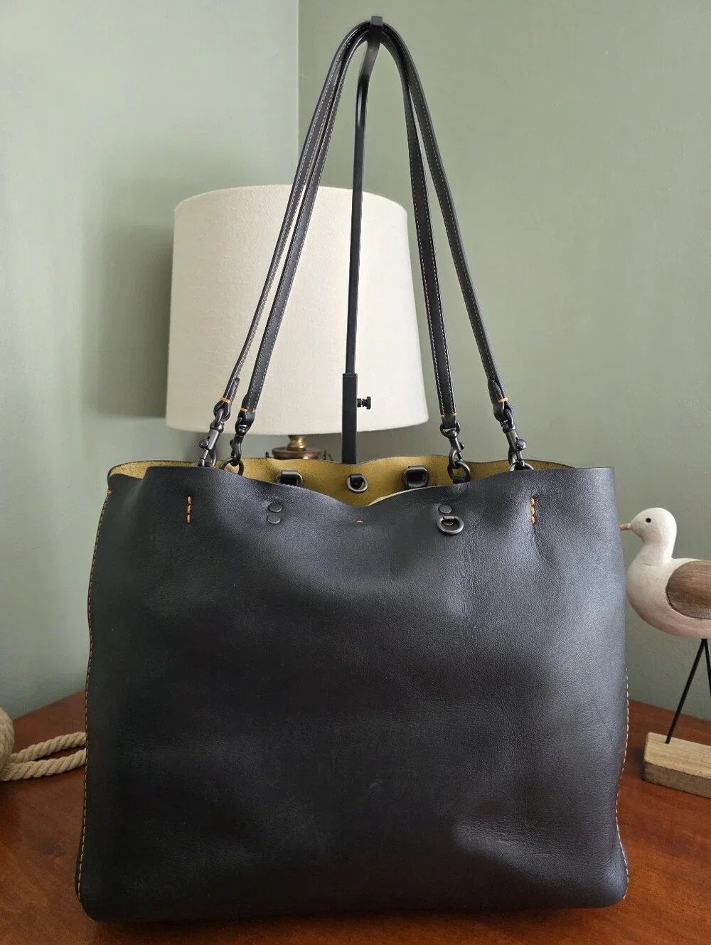 Coach 59981 Rogue Tote Whipstitch Black Leather Carryall Bag w/ Pouch